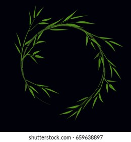 Round frame with bamboo on a dark background. Vector frame with bamboo leaves.
