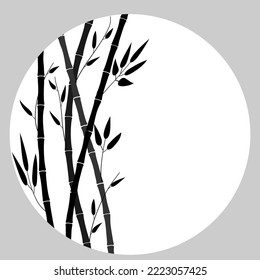 Round frame with bamboo plant. Background with bamboo trees. Monochrome drawing of stems, leaves, flat design, minimalistic style. Postcard, banner, flyer with place for text. Vector illustration. 