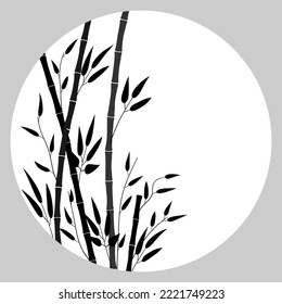 Round frame with bamboo trees. Background template with bamboo stems, leaves, space for text. Banner, sticker, postcard with natural theme. Minimalistic flat design. Monochrome colors. Vector