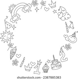 Round Frame, banner  Birthday. Set Cute badges, cartoon birthday attributes. Children's holiday, magical doodles. Vector illustration, sketch. Sweets, candles, cap, crown, numbers. Line icons.