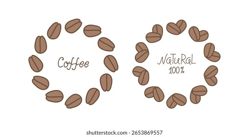 Round frame, banner. Coffee beans, natural arabica, heart shape. Inscription, sign. International Coffee Day. Vector graphics. Flat illustration, isolated background. Background, place for text.