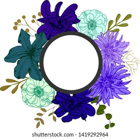 round frame, banner with flowers isolated on white hand drawn 