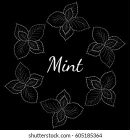 Round frame, banner with mint leaves, peppermint branch, flower hand drawn sketch. Hand drawn spicy herbs, doodle cooking ingredient for design, packaging.