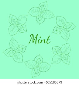 Round frame, banner with mint leaves, peppermint branch, flower hand drawn sketch. Hand drawn spicy herbs, doodle cooking ingredient for design, packaging.