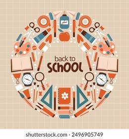 Round frame for banner of school accessories. Back to school. Vector illustrations with glue, notebook, books, pen, pencil, paints, scissors, clock, glue, book, clock, apple. Flat design.	
