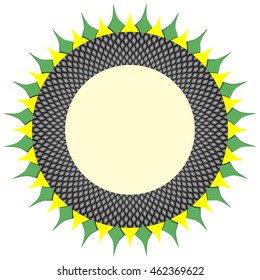 Round frame based on floral sunflower pattern with dark ring of seeds and yellow and green petals. Vector ornament for copy space.