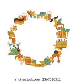 Round frame. Bavarian beer festival for greeting card, invitation, banner, poster, pack, sticker, glass. Oktoberfest design elements. All objects are separated. Vector illustration
