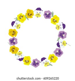 Round frame of beautiful flowers a Pansy. Summer wreath with green leaves. Vector
