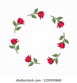 Round frame with beautiful flowers of red roses and leaves. Floral arrangement isolated on background. Design greeting card and invitation of the wedding, birthday, holiday. Vector illustration. 