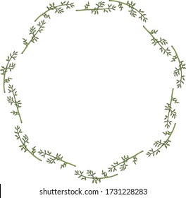Round frame with beautiful green branches on white background. Vector image. 