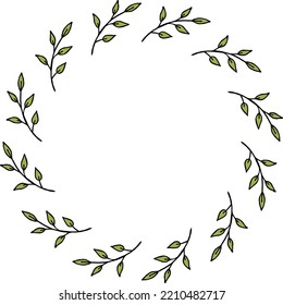 Round frame with beautiful green branches on white background. Vector image.