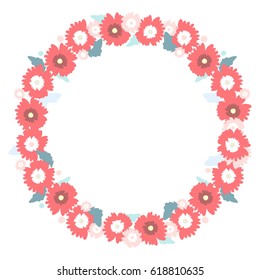 Round frame of beautiful red flowers and leaves on a white background. Summer wreath. Vector