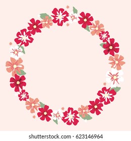 Round frame of beautiful red flowers and leaves on a beige background. Summer wreath. Vector