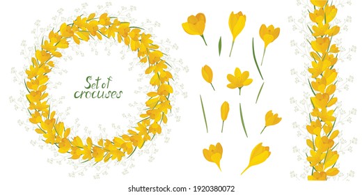 Round frame with beautiful yellow crocuses. Vector set of flower elements. Colorful image.