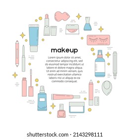 Round frame with beauty products. Makeup and online shopping concept. Vector illustration can be used in articles, banners, flyers, social media related to cosmetics. You can put your text in center.