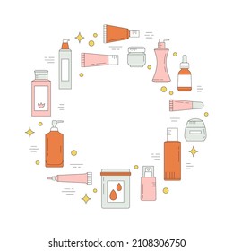 Round frame with beauty products. Skin care and online shopping. Vector illustration can be used in articles, banners, flyers, social media related to cosmetics. You can put your text in center.