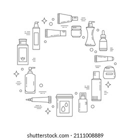 Round frame with beauty products. Skin care and online shopping. Vector illustration can be used in articles, banners, flyers, social media related to cosmetics. You can put your text in center.
