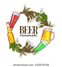 Round frame of beer bottle, mug and glass, malt and hop with place for text, sketch vector illustration isolated on white background. Hand drawn beer bottle, glass round frame with place for text