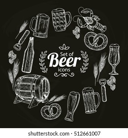 Round frame with beer icons on black background for oktoberfest. Sketch style illustration of beer for vintage decorations of pub or bar menu. Vector.