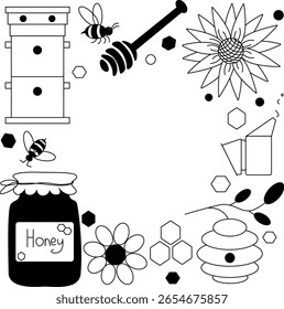 Arredondar quadro com abelhas e mel itens círculo modelo. Ilustração de linha gráfica vetorial. design para gráficos de moda, impressões têxteis, tecidos, papéis de parede. Para logotipo, web, pacote, adesivo.
