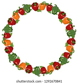 Round frame with bell peppers. Wreath with red, yellow and green sweet pepper on white background for your design