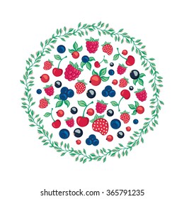 round frame with berries and leaves