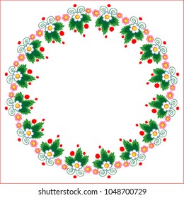 Round frame with berries and strawbery flowers .