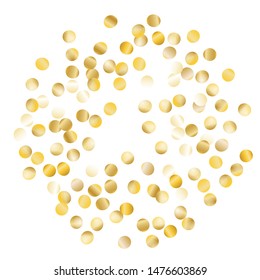 Round Frame of Big Round Confetti. Wreath. Golden Party Pattern. Bright Decoration for Holiday Card Poster Banner. Realistic Glitter. Isolated Party Pattern. Vector.
