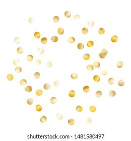 Round Frame of Big Round Confetti. Wreath. Golden Party Pattern. Trendy Decoration for Holiday Card Print Cover. Realistic Glitter. Isolated Party Pattern. Vector.