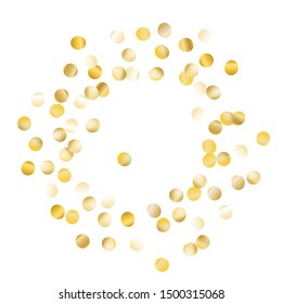 Round Frame of Big Round Confetti. Wreath. Golden Christmas Background. Bright Decoration for Holiday Card Print Banner. Realistic Glitter. Isolated Christmas Background. Vector.