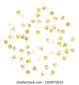 Round Frame of Big Round Confetti. Wreath. Golden New Year Background. Bright Decoration for Holiday Banner Cover Poster. Realistic Glitter. Isolated NewYear Background. Vector.