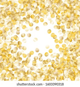 Round Frame of Big Round Confetti. Wreath. Golden Party Background. Trendy Decoration for Holiday Wallpaper Banner Print. Realistic Glitter. Isolated Party Background. Vector.