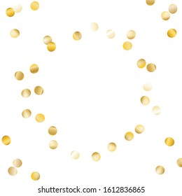 Round Frame of Big Round Confetti. Wreath. Golden New Year Pattern. Bright Decoration for Holiday Card Cover Poster. Realistic Glitter. Isolated New Year Pattern. Vector.