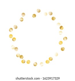 Round Frame of Big Round Confetti. Wreath. Golden Christmas Pattern. Trendy Decoration for Holiday Banner Poster Cover. Realistic Glitter. Isolated Christmas Pattern. Vector.