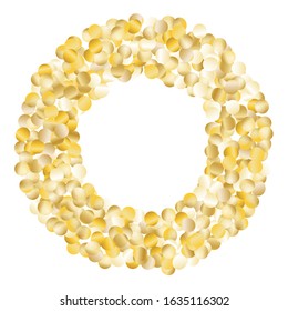 Round Frame of Big Round Confetti. Wreath. Golden New Year Pattern. Bright Decoration for Holiday Banner Card Wallpaper. Realistic Glitter. Isolated New Year Pattern. Vector.