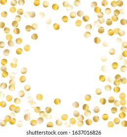 Round Frame of Big Round Confetti. Wreath. Golden Party Background. Bright Decoration for Holiday Print Banner Poster. Realistic Glitter. Isolated Party Background. Vector.