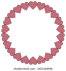 Round frame with big multicolor hearts on white background. Isolated frame for your design.  Vector image. 