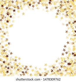 Round Frame of Big Star Confetti. Wreath. Golden New Year Background. Trendy Decoration for Holiday Poster Print Wallpaper. Realistic Glitter. Isolated NewYear Background. Vector.