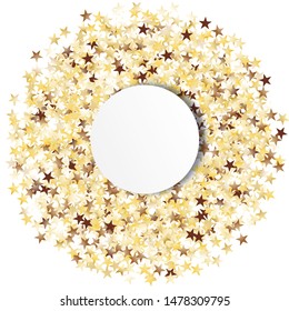 Round Frame of Big Star Confetti. Wreath with Empty White Form. Golden Christmas Background. colorful Decoration for Holiday Wallpaper Print Card. Isolated Christmas Background. Vector.