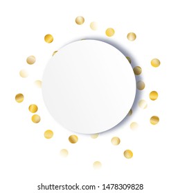 Round Frame of Big Star Confetti. Wreath with Empty White Form. Golden New Year Pattern. Trendy Decoration for Holiday Invitation Card Banner. Isolated New Year Pattern. Vector.
