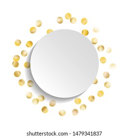 Round Frame of Big Star Confetti. Wreath with Empty White Form. Golden New Year Pattern. Festive Decoration for Holiday Wallpaper Invitation Card. Isolated New Year Pattern. Vector.
