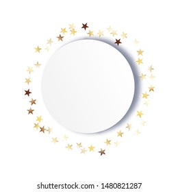 Round Frame of Big Star Confetti. Wreath with Empty White Form. Golden Christmas Background. Bright Decoration for Holiday Banner Wallpaper Print. Isolated Christmas Background. Vector.