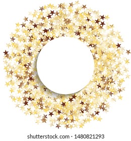 Round Frame of Big Star Confetti. Wreath with Empty White Form. Golden Christmas Pattern. Trendy Decoration for Holiday Banner Wallpaper Invitation. Isolated Christmas Pattern. Vector.