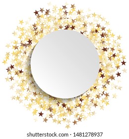 Round Frame of Big Star Confetti. Wreath with Empty White Form. Golden Party Pattern. colorful Decoration for Holiday Banner Print Wallpaper. Isolated Party Pattern. Vector.