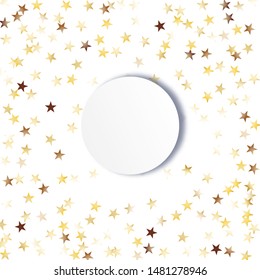 Round Frame of Big Star Confetti. Wreath with Empty White Form. Golden Christmas Background. colorful Decoration for Holiday Banner Print Wallpaper. Isolated Christmas Background. Vector.