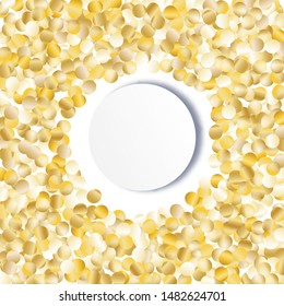 Round Frame of Big Star Confetti. Wreath with Empty White Form. Golden Christmas Pattern. Trendy Decoration for Holiday Card Invitation Banner. Isolated Christmas Pattern. Vector.