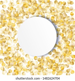 Round Frame of Big Star Confetti. Wreath with Empty White Form. Golden New Year Background. Trendy Decoration for Holiday Card Invitation Banner. Isolated NewYear Background. Vector.