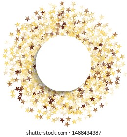 Round Frame of Big Star Confetti. Wreath with Empty White Form. Golden Party Pattern. Festive Decoration for Holiday Invitation Cover Banner. Isolated Party Pattern. Vector.