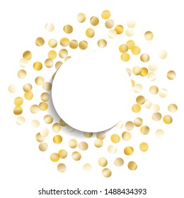 Round Frame of Big Star Confetti. Wreath with Empty White Form. Golden New Year Background. colorful Decoration for Holiday Print Poster Invitation. Isolated NewYear Background. Vector.