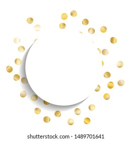 Round Frame of Big Star Confetti. Wreath with Empty White Form. Golden Christmas Pattern. Bright Decoration for Holiday Cover Wallpaper Card. Isolated Christmas Pattern. Vector.
